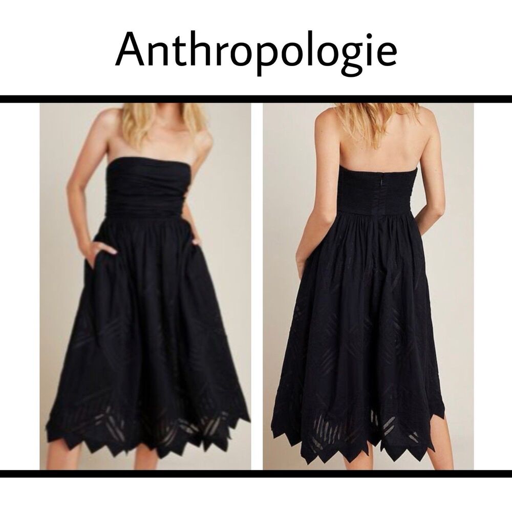 Anthropologie Luiza Midi Dress Strapless Sz 4 Cotton Black Pockets #1314